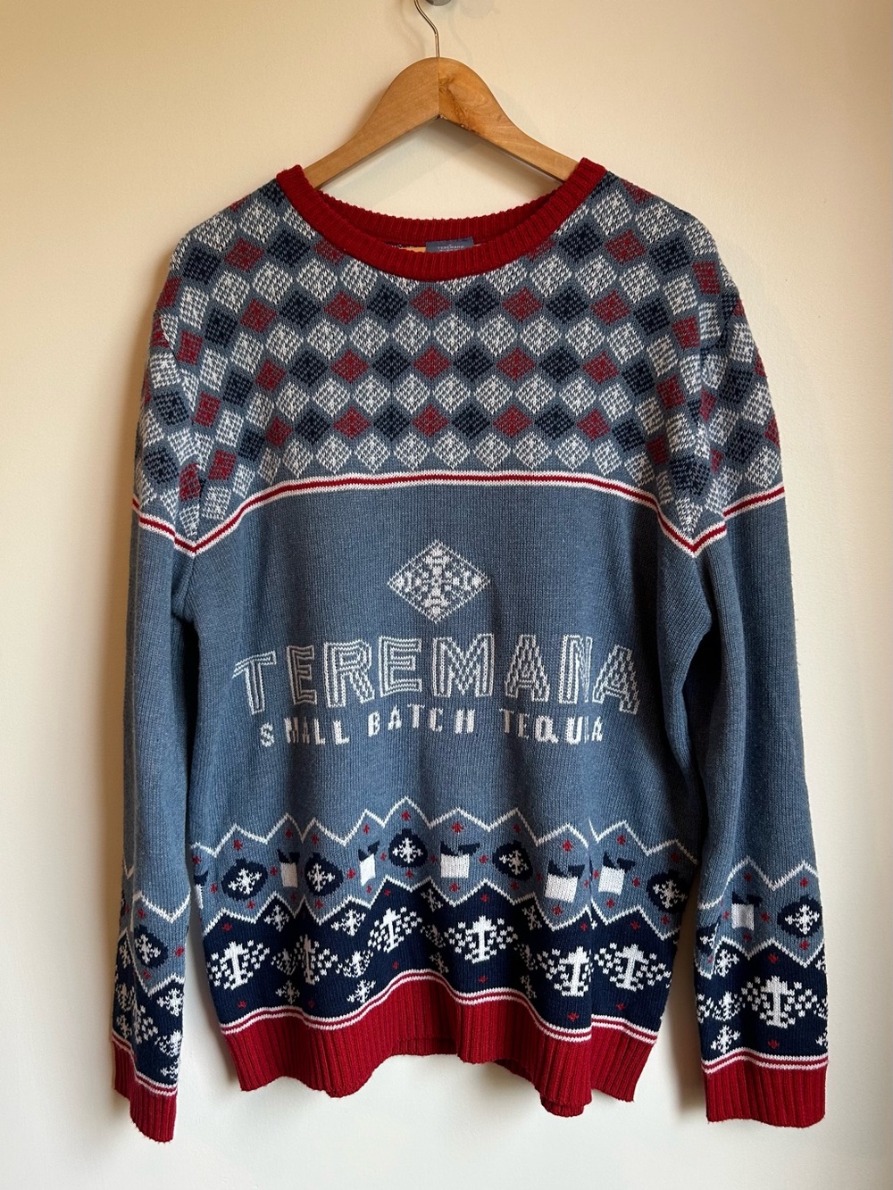 Teremana Tequila Men's Ugly Christmas Sweater Share The Mana Blue Red XXL